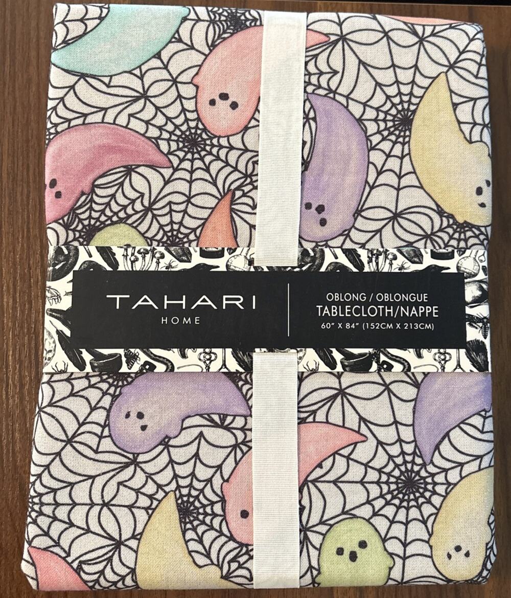 NWT Tahari Halloween Party Ghost Web Tablecloth Oblong 60x84” Shimmer Fabric